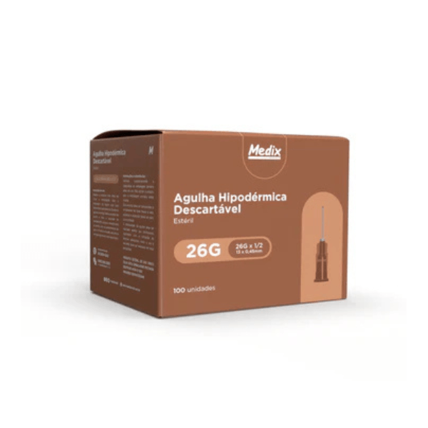 Agulha Hipodermica Descartavel Medix 13x0,45mm -26Gx12- Caixa 100 Unidades