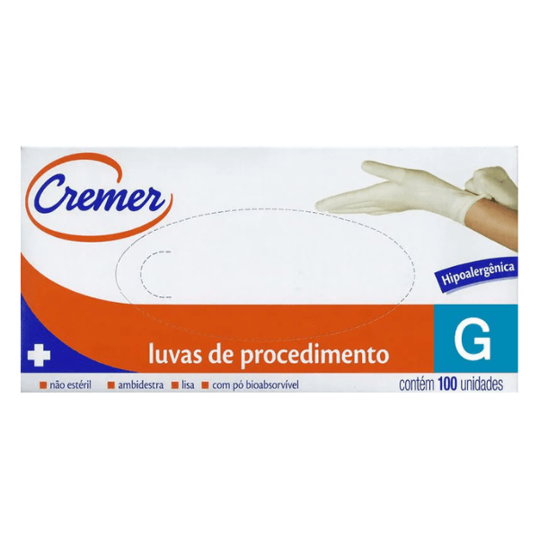 Luva Latex com Po Cremer Tamanho G Caixa 100 Unidades